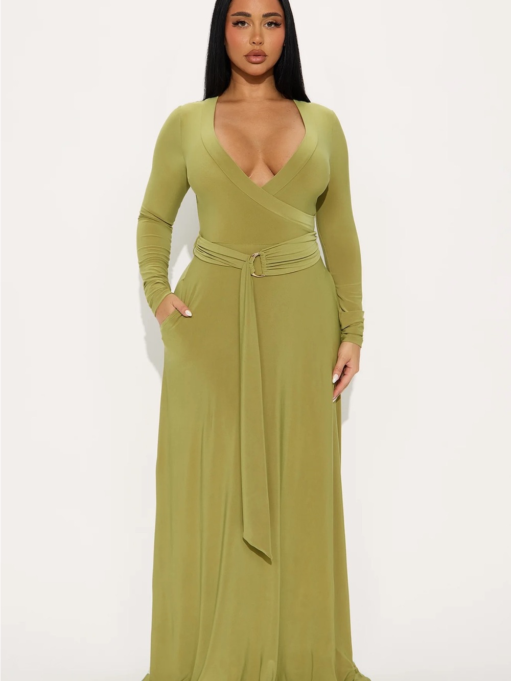Olive Green Wrap Maxi Dress with Belt